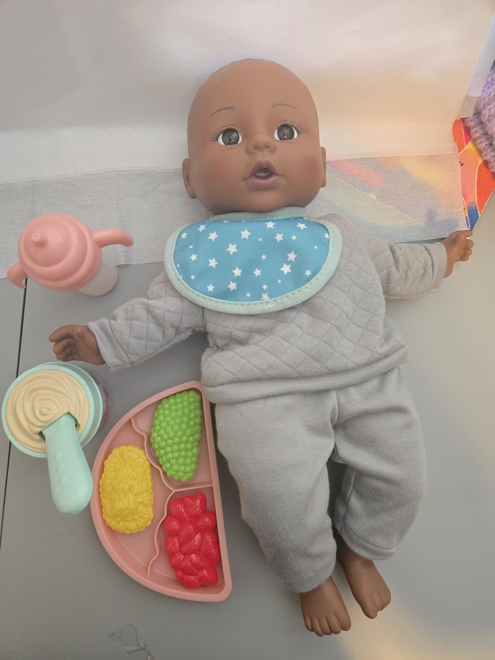 My Sweet Baby Meal Time Baby Doll Play Set, Grey Outfit, 14-inch Doll